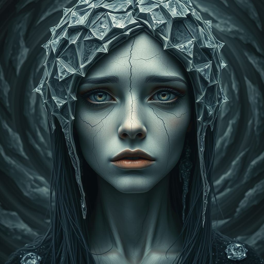 Sorrowful Woman with Fractal Ice, in Hyperrealistic Style