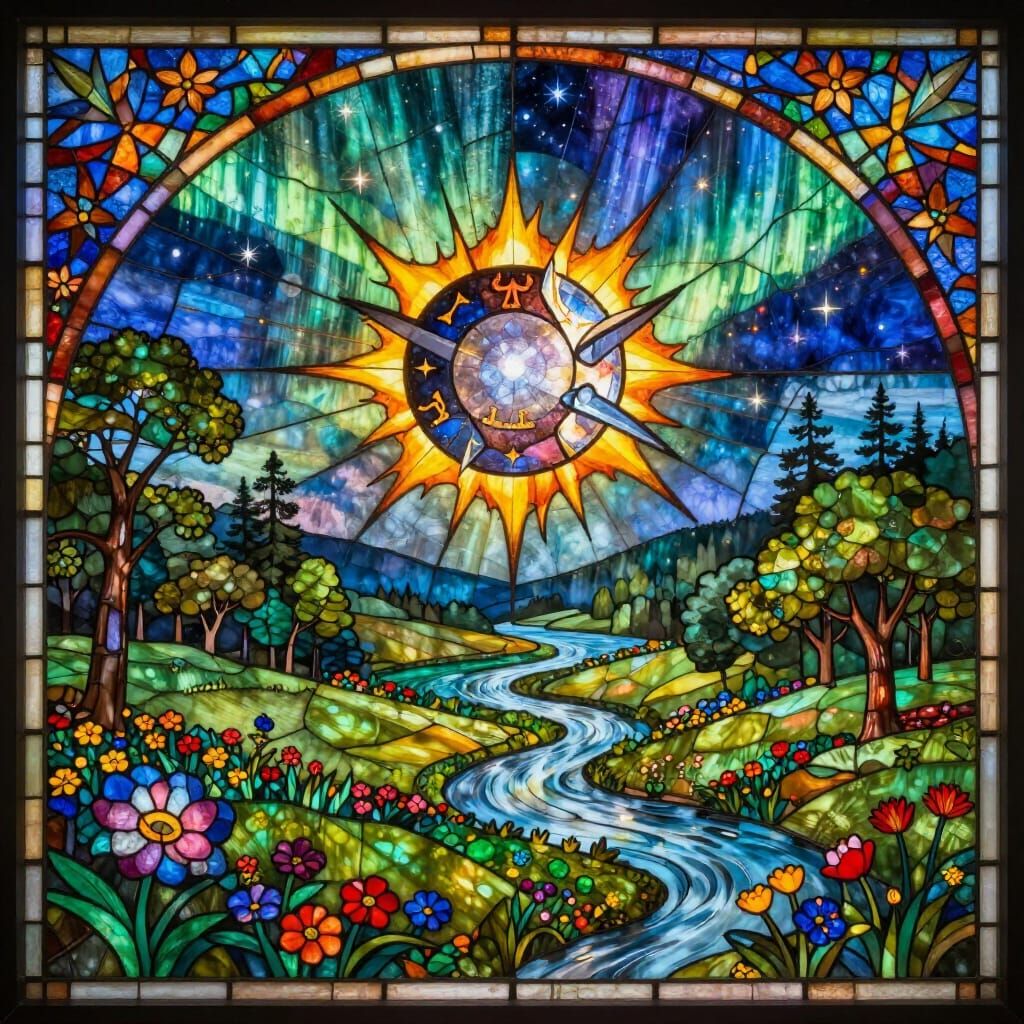 Vibrant Stained Glass Valley Under Solar Eclipse