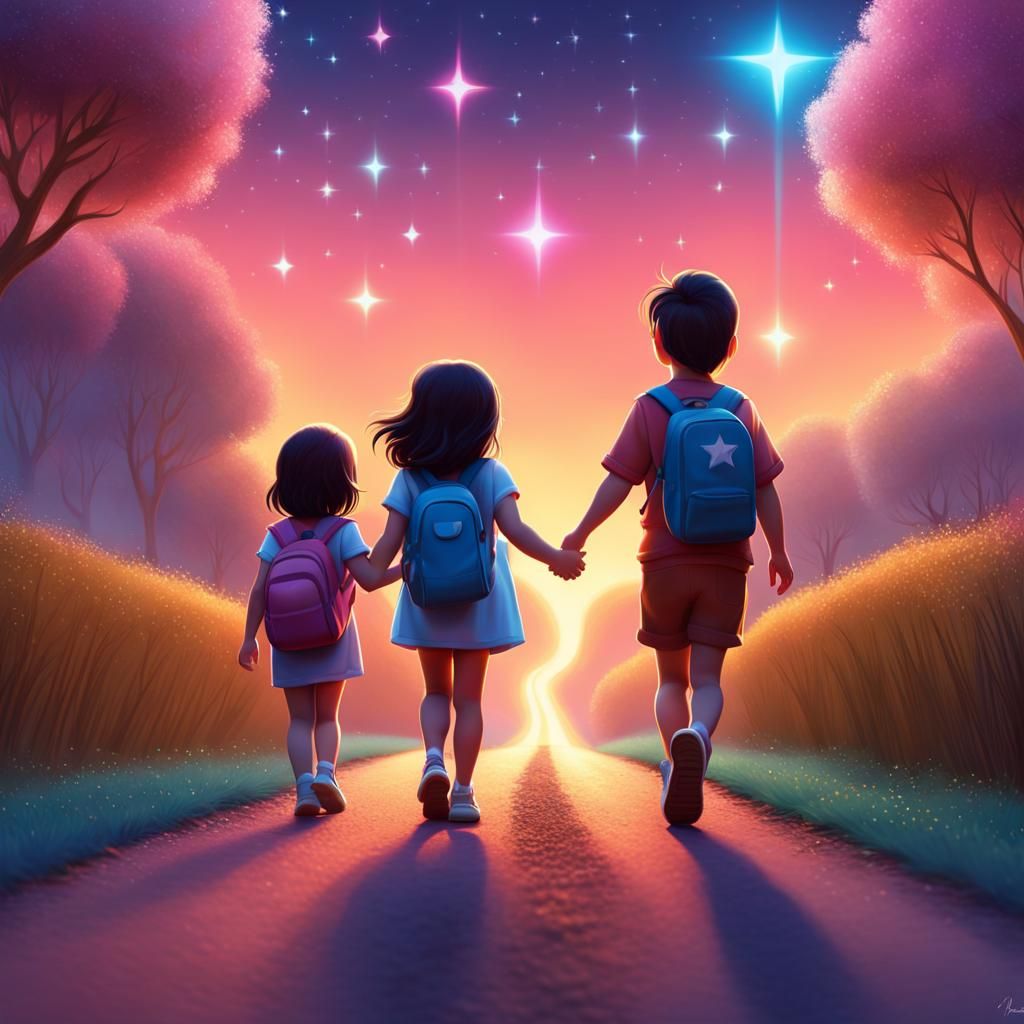 Toddlers Walking on Starry Road in Pastel Style