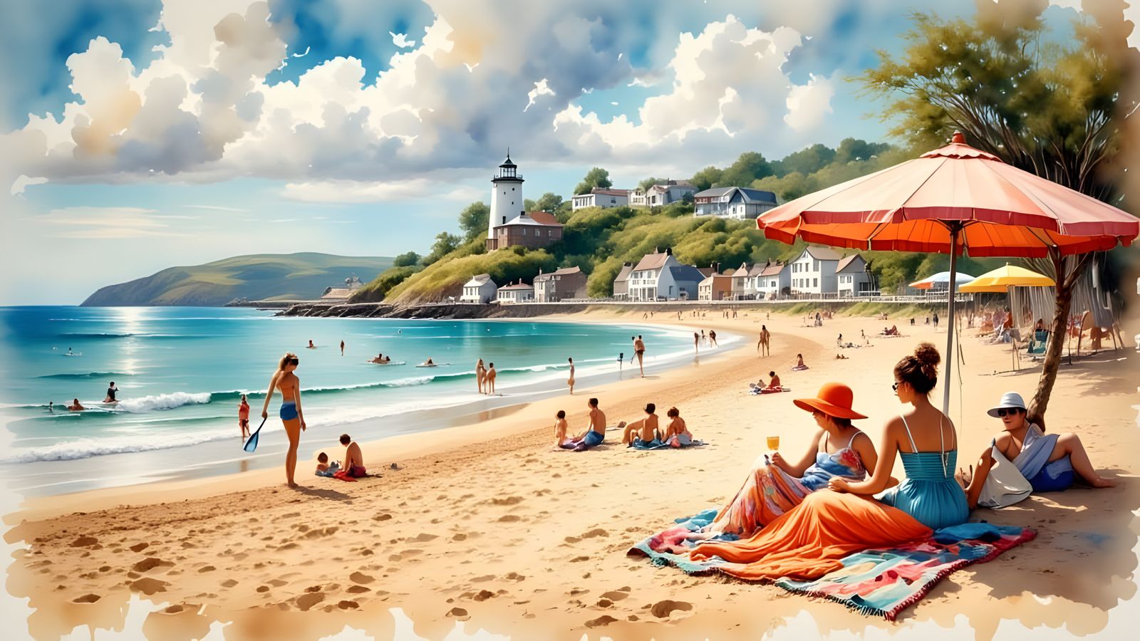 Sandy British Beach, Illustrated in Impressionist Style