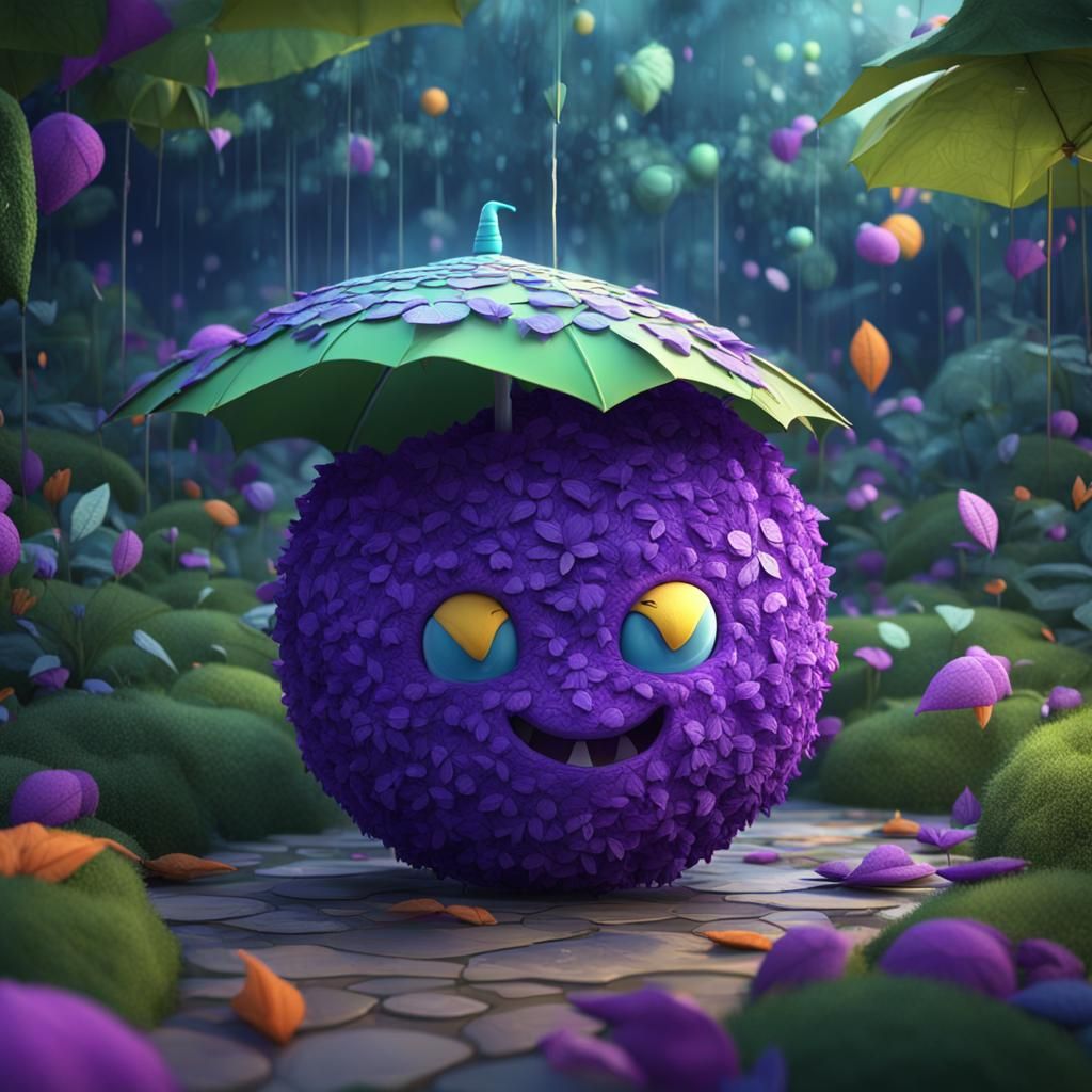 Cute Purple Ball with Leaf Umbrella: Fantasy Art