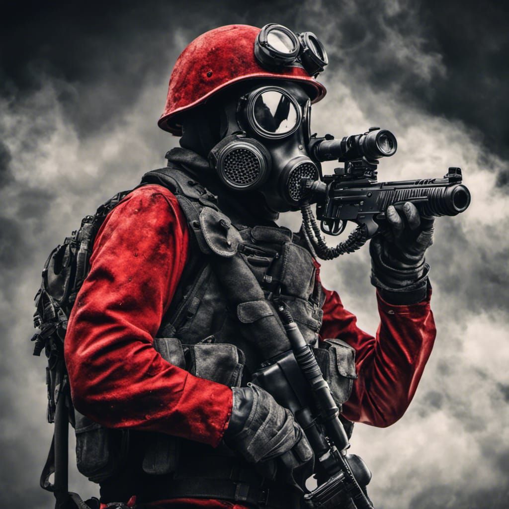 Hyperrealistic Soldier with Gas Mask in Red and Black