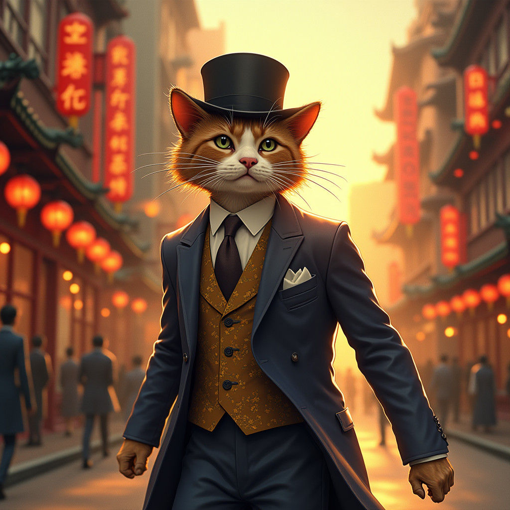 Elegant Feline Gentleman Strolls 1920s Shanghai Streets