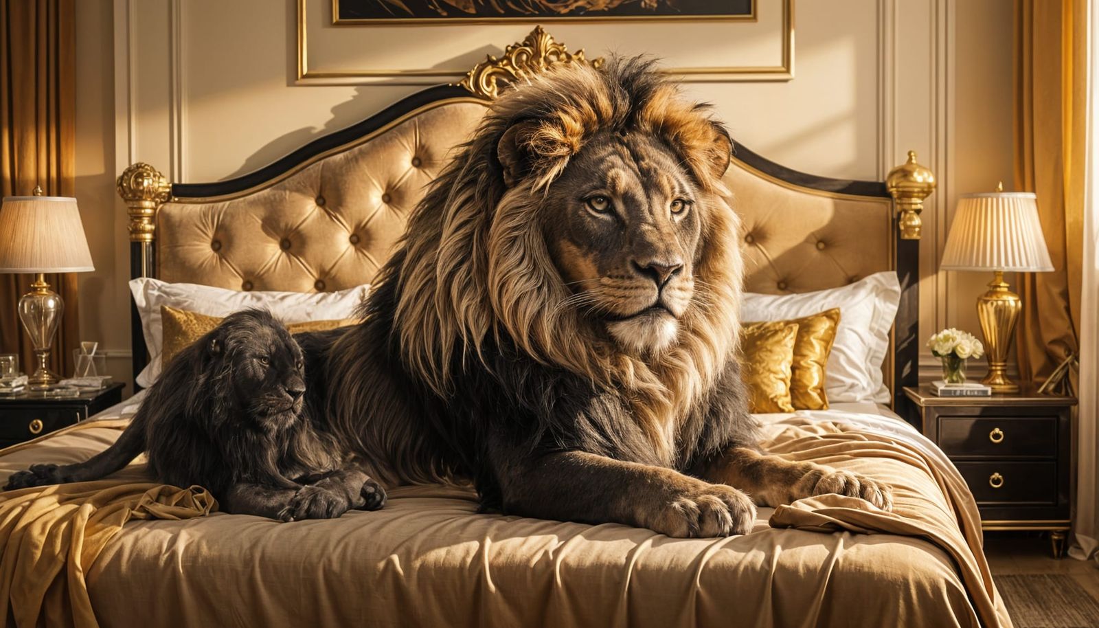 Black Lion in Luxurious Hotel Bed