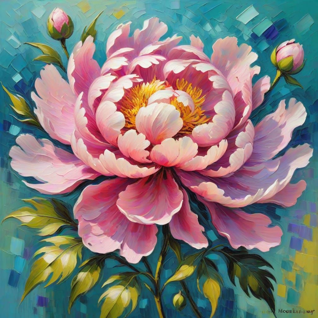Impressionist Peony Blooms in Vibrant Oil Paint