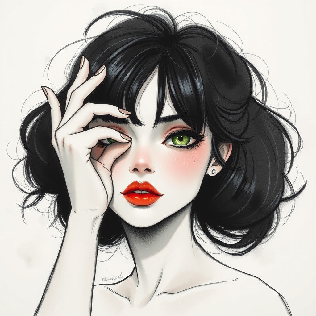 Enigmatic Woman with Green Eyes: Charcoal Ink Sketch