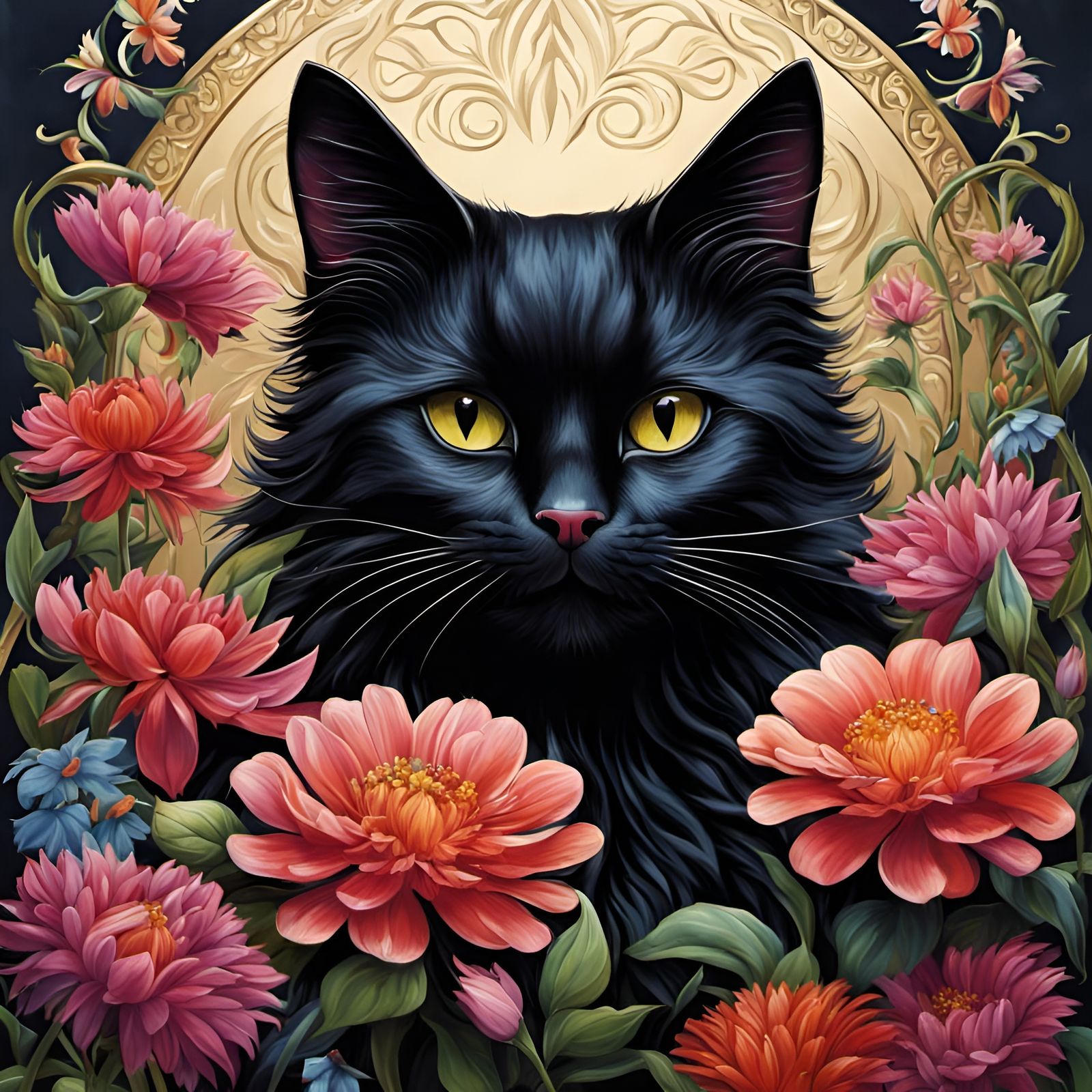 Ornate Anime Cat Surrounded by Flowers