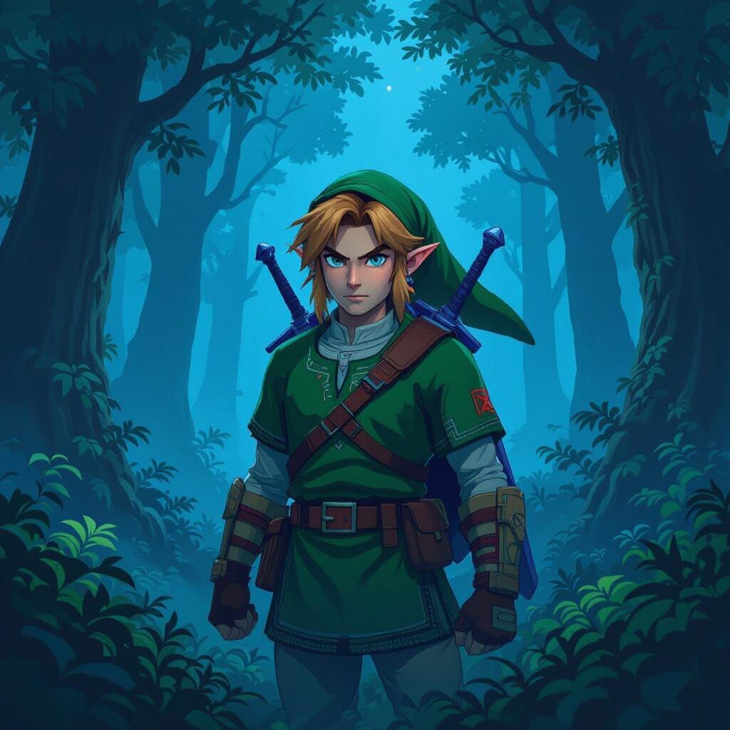 Heroic Figure in Forest with Dark Blue Mist