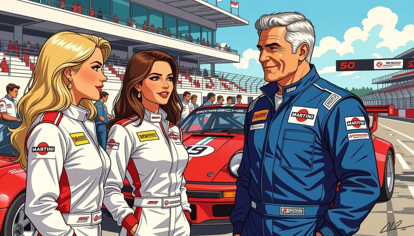 Retro Porsche Race Car Scene in Manara Style