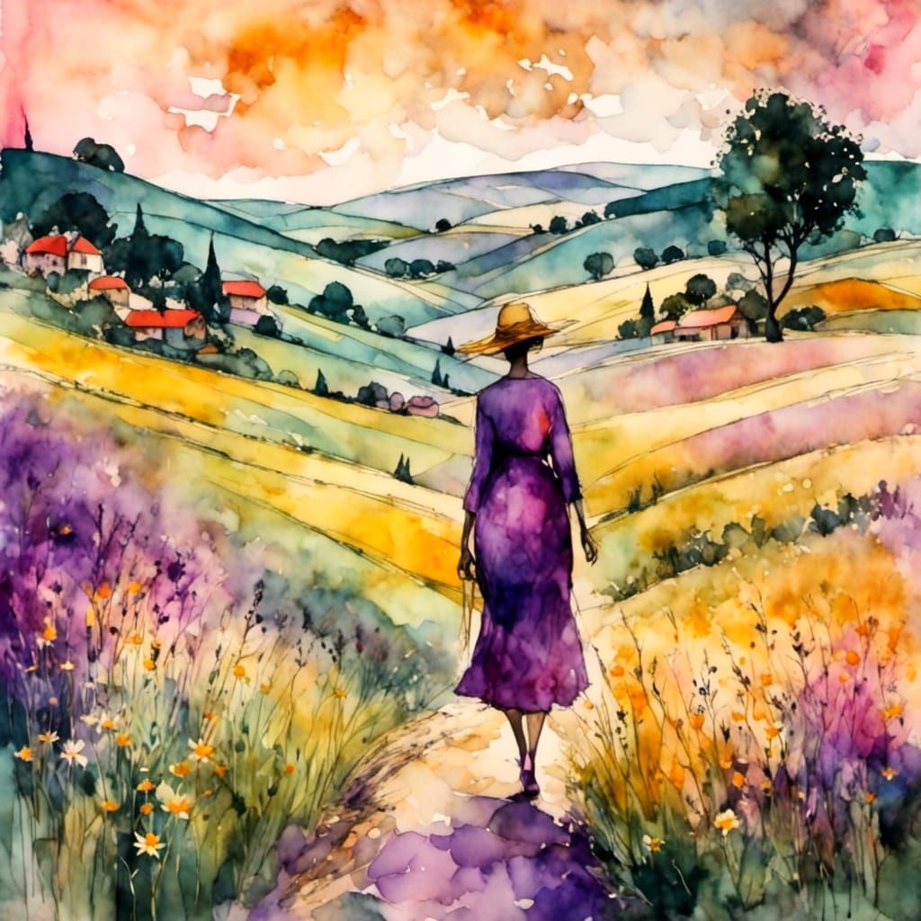Woman Walking in Countryside: Liquid Ink Art