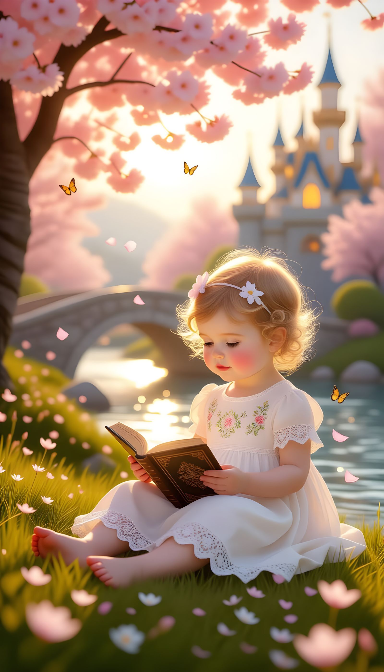 Peaceful Toddler Under Cherry Blossoms by Sparkling River