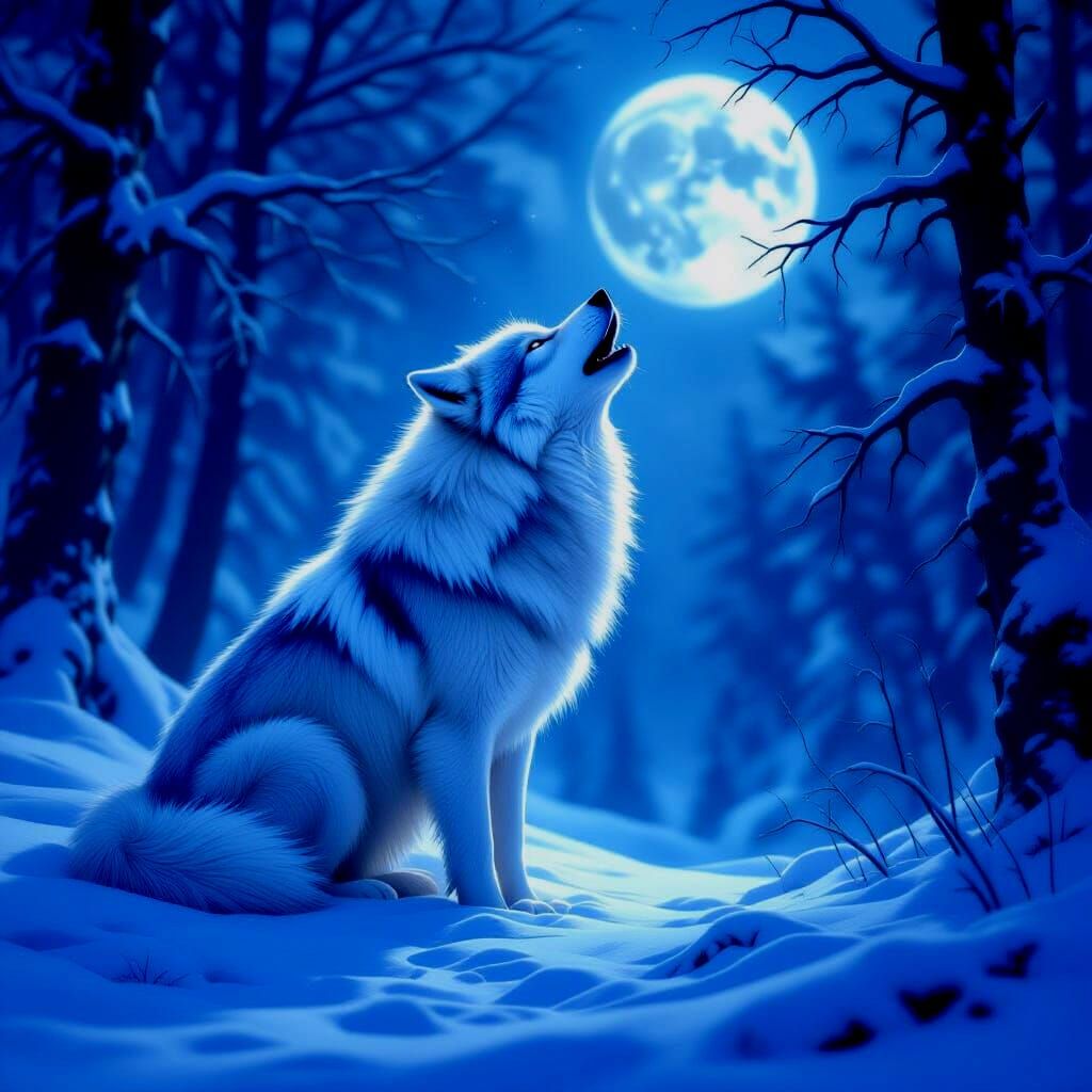 Spectral Winter Wolf Howling at Full Moon in Moonlight