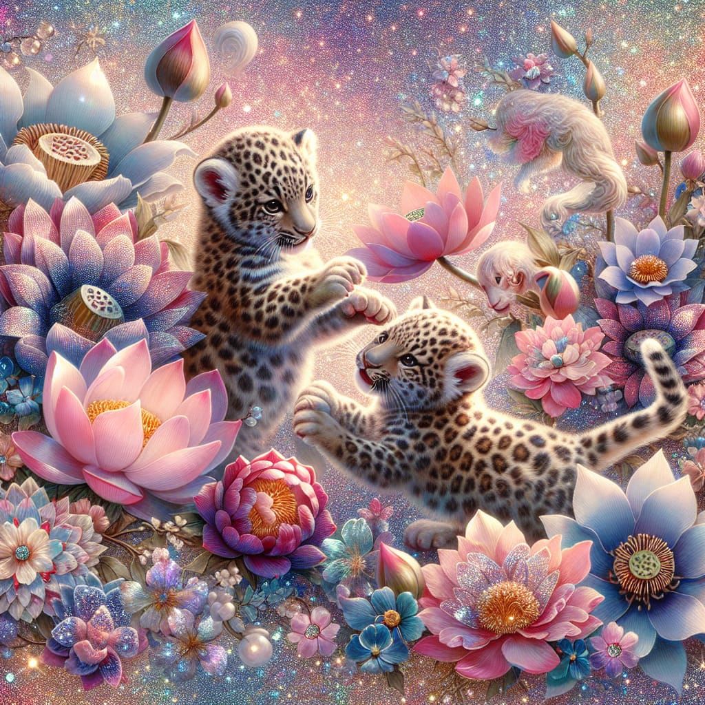 Fantasy Acrylic Painting of Leopard Cubs with Lotus Flowers