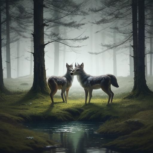 Deer at Lake, Wolves on Cliffside