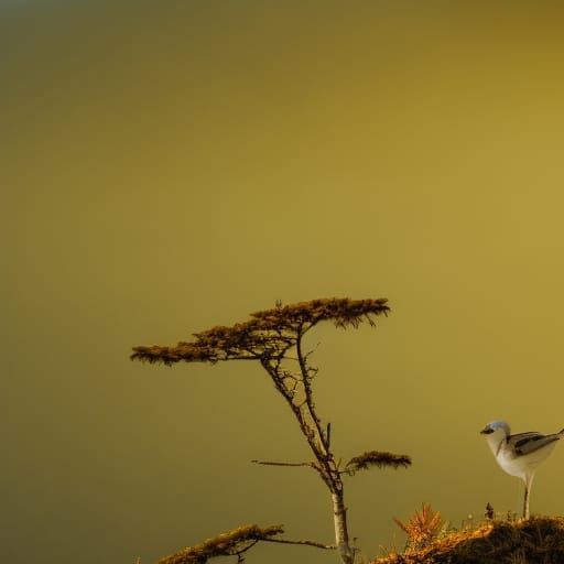 Mountain Waterfall Scene with Birds and Waterfly