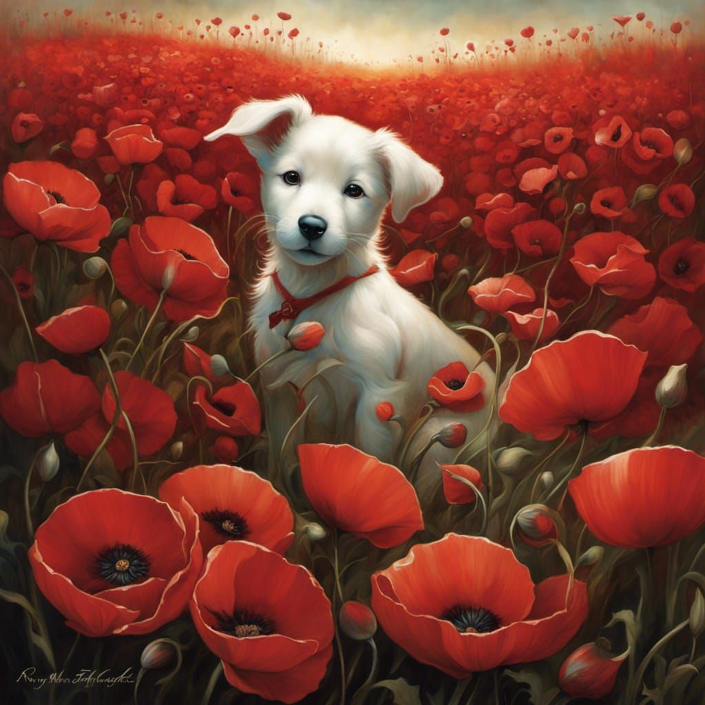 Puppy in Poppy Field: Whimsical Art Illustration