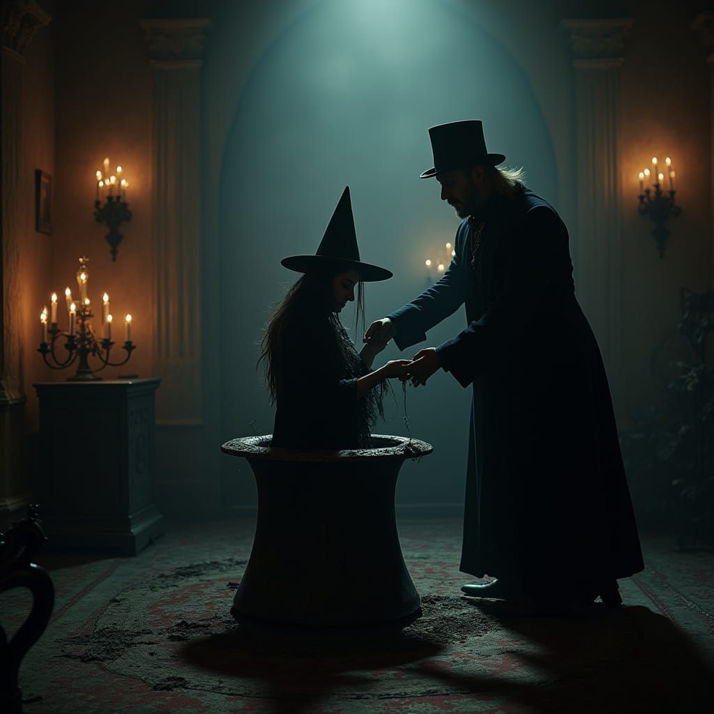 Magician Conjures Witch from Vintage Magic Hat in Dark, Eeri...