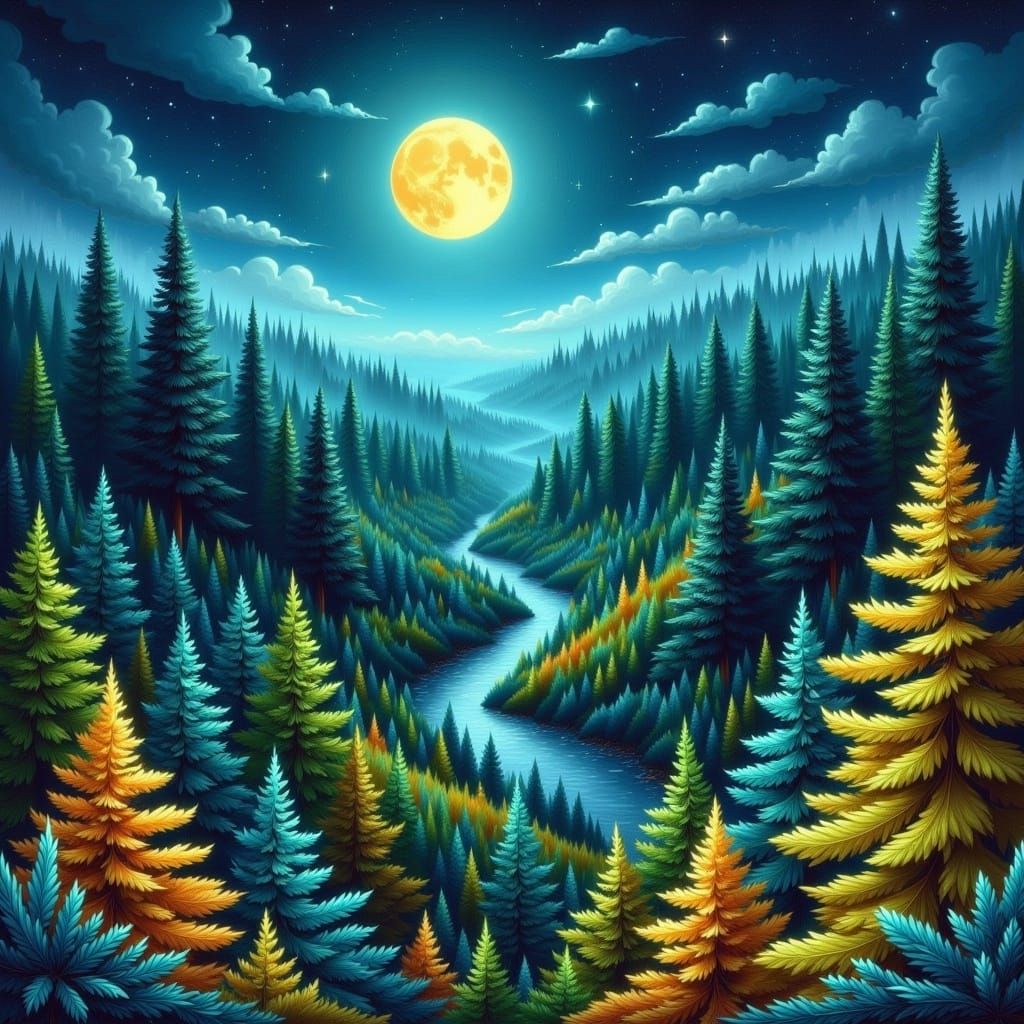 Teal Evergreen Forest Under Starry Night Sky
