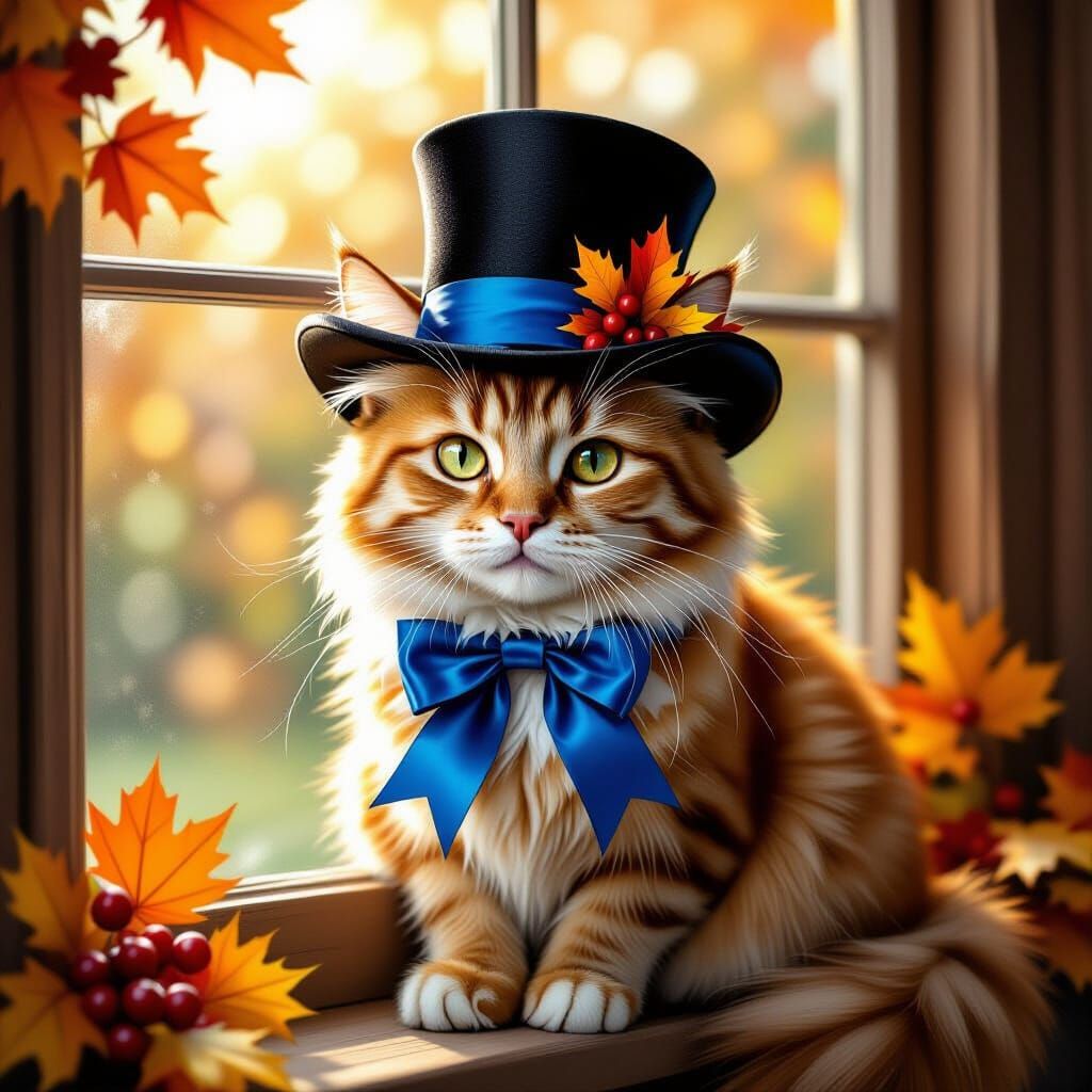 Autumnal Cat Portrait in Transparent Ink Style