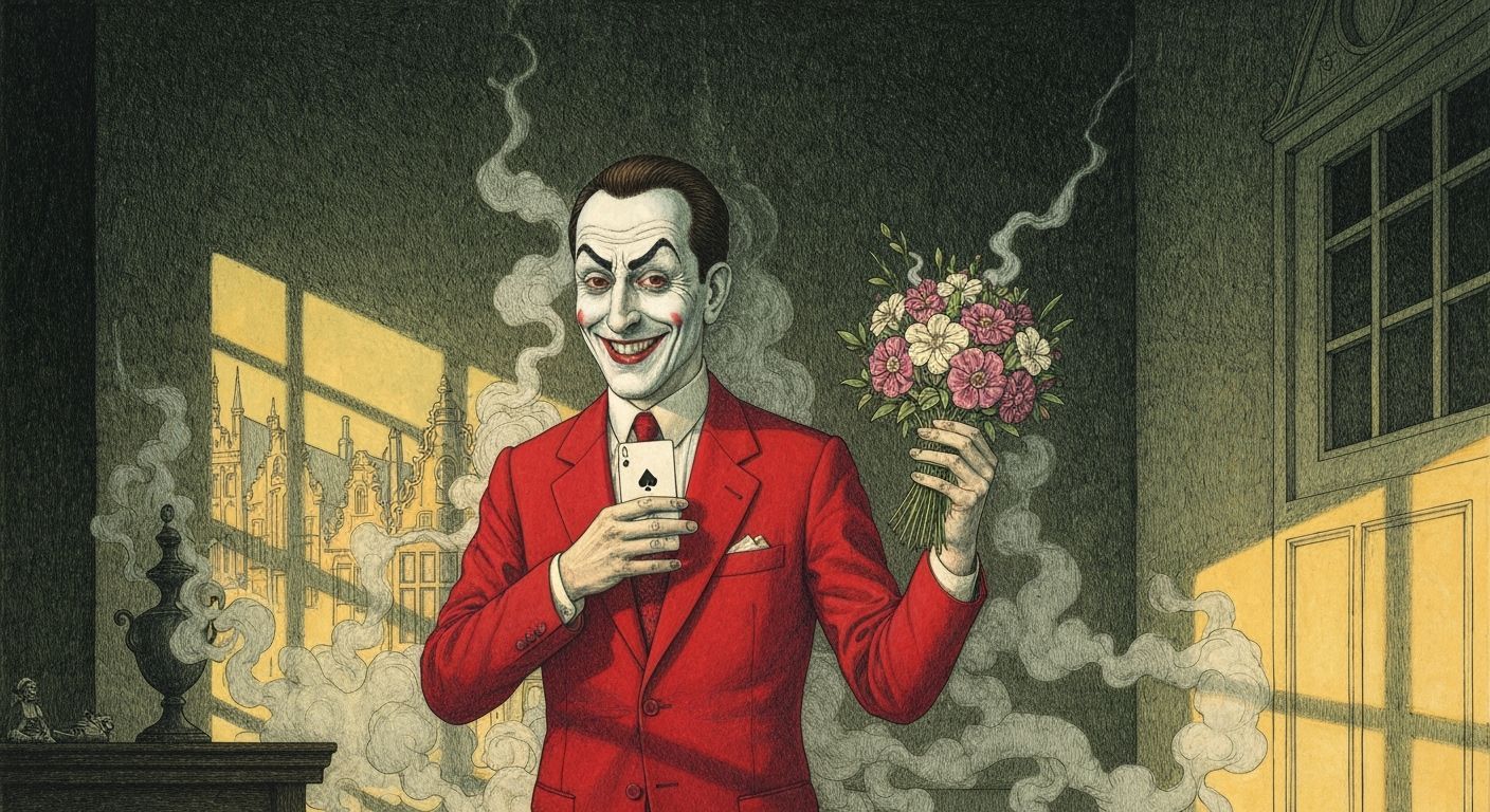 Surreal Man in Red Suit with Flowers and Card