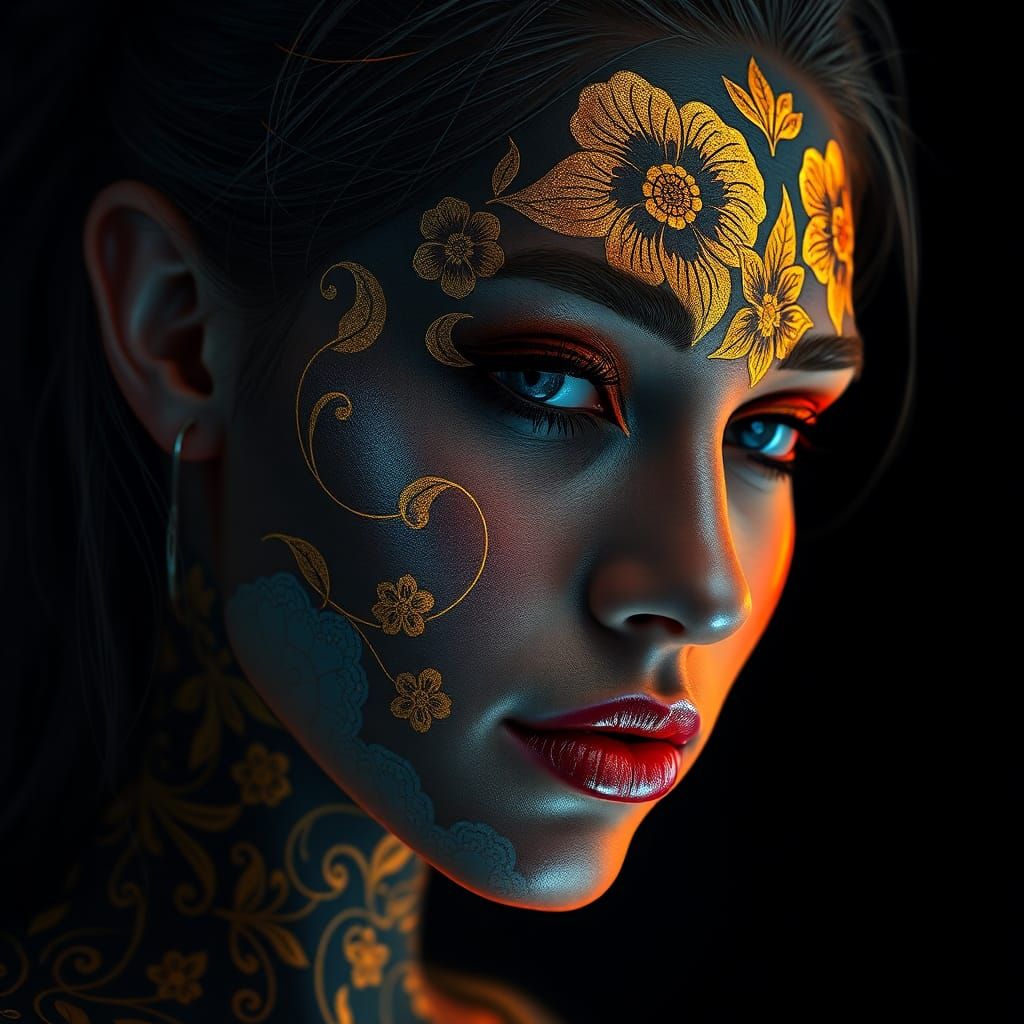 Lady with Golden Flower Tattoos in Digital Art Style