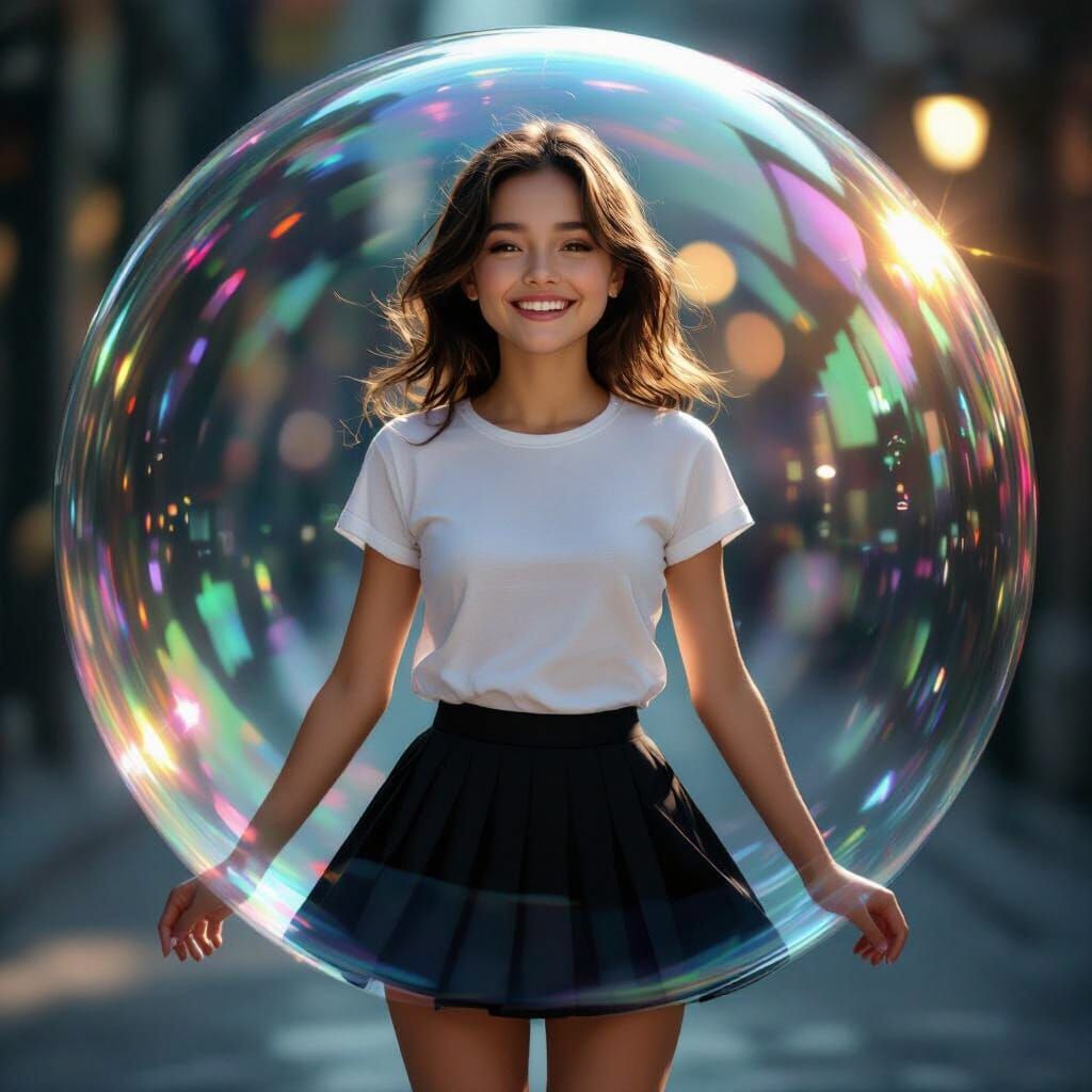 Joyful Girl in Bubble, Whimsical Digital Art