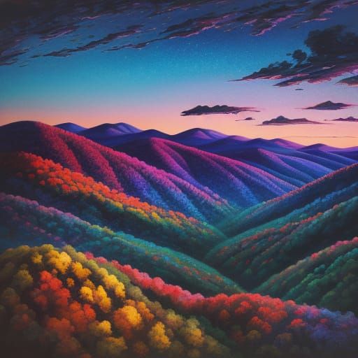 Appalachian Mountains Dusk: Vibrant Gouache Wonderland