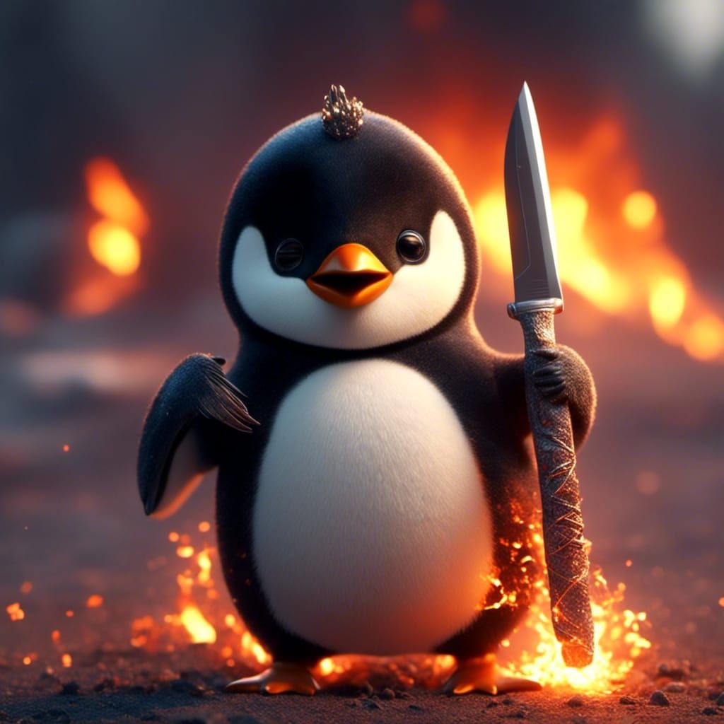 Noot Noot Penguin with Knife in Fiery Scene