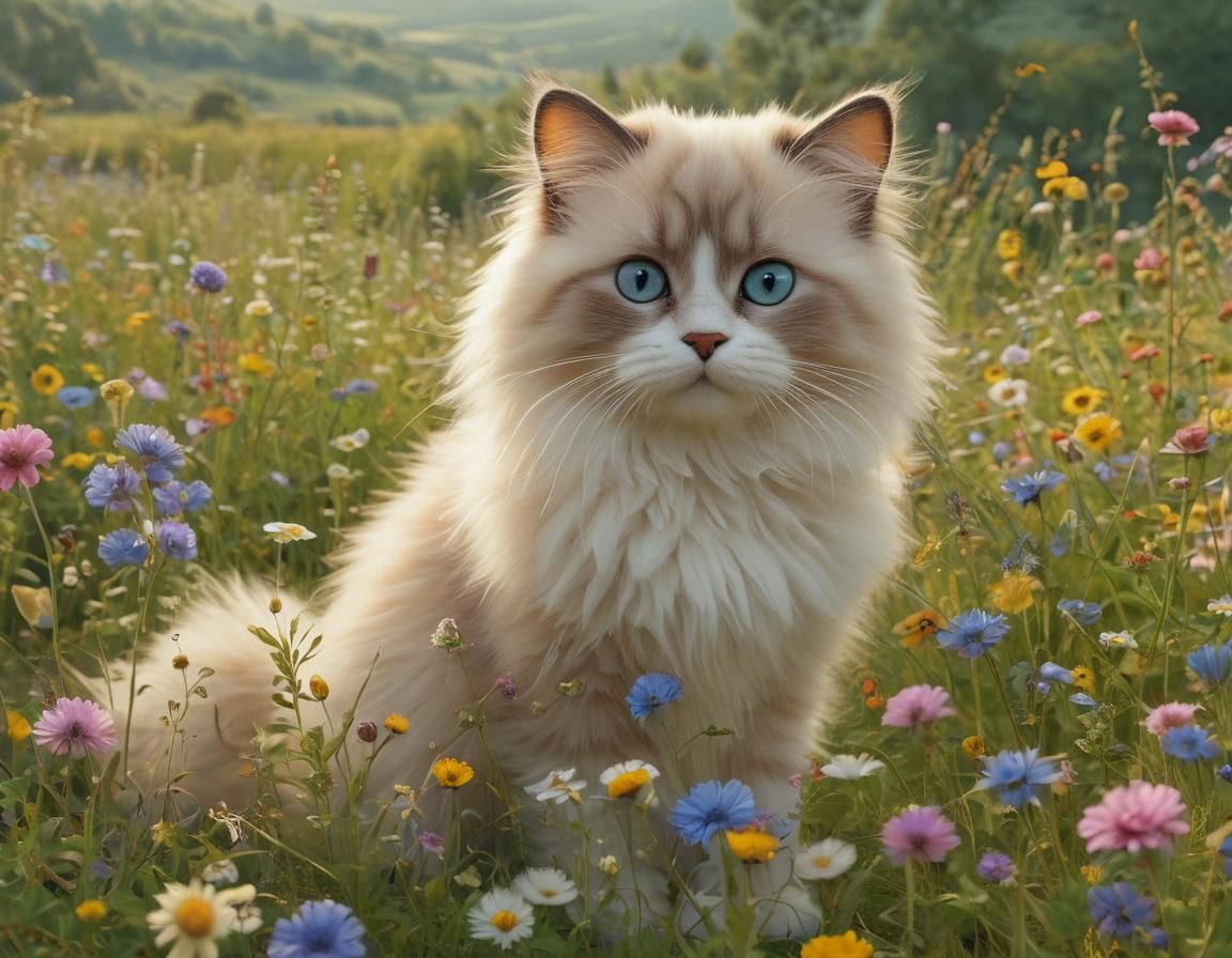 Ragdoll Kitty in Flower Field, Pixar Style