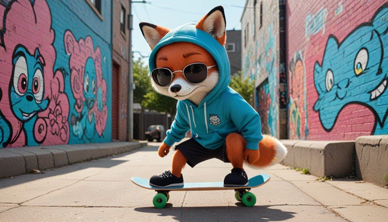 Vibrant Fox Skater in a Sunny Cityscape