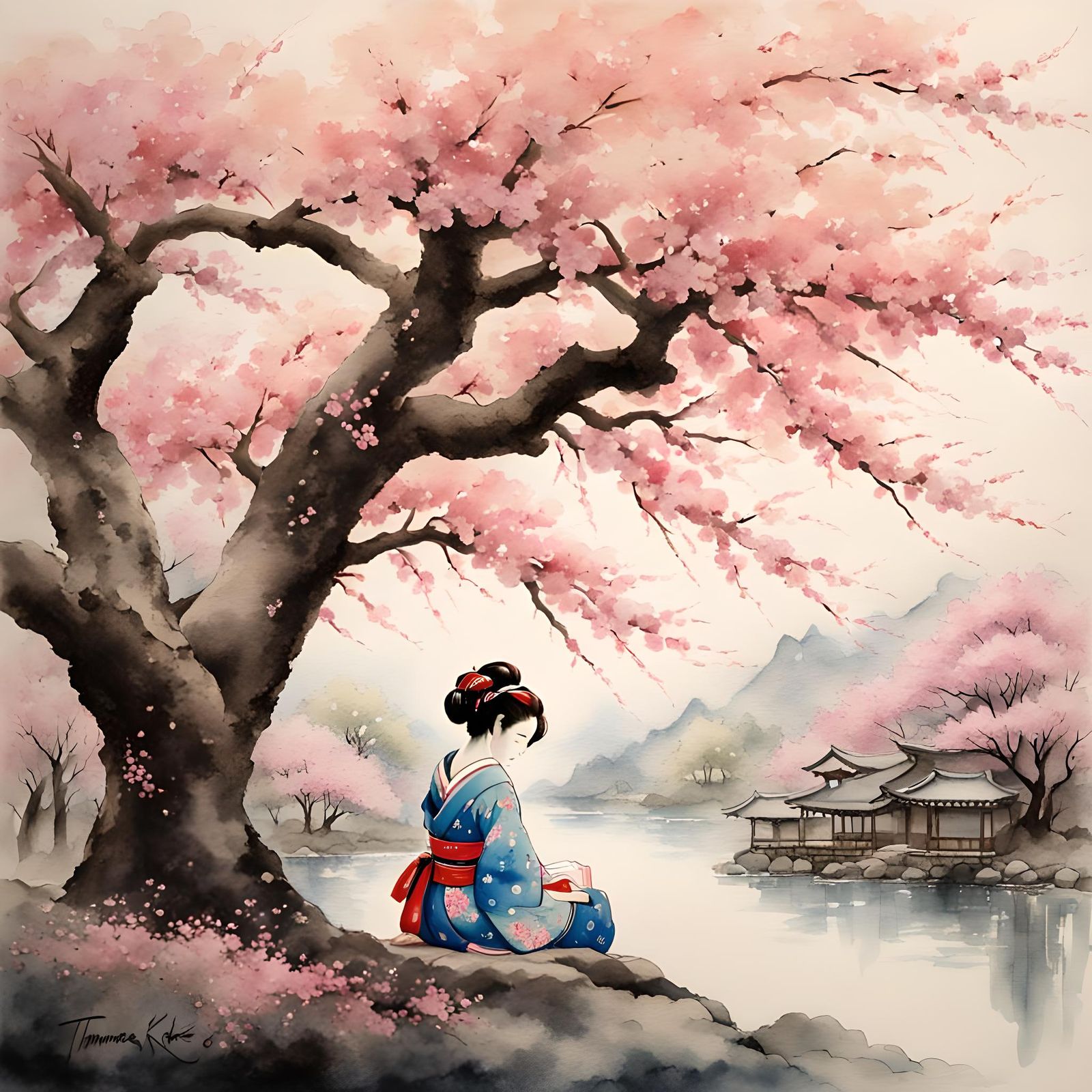 Geisha Under Cherry Blossoms: Watercolor Style