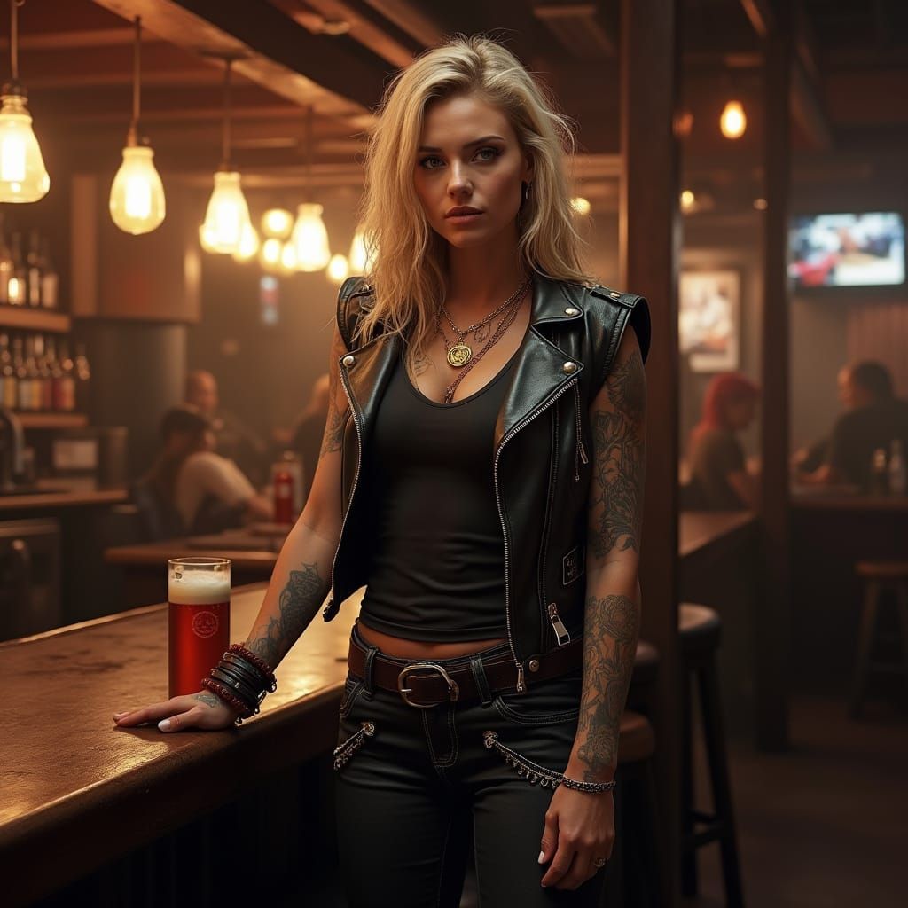 Hyper Realistic Photo of Tattooed Blond Woman in Leather Ves...