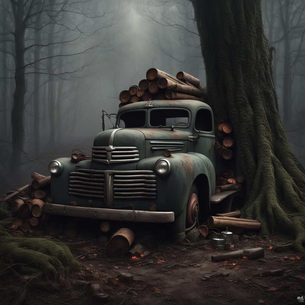 Sinister Truck in Dark Woods: Photorealistic 8k