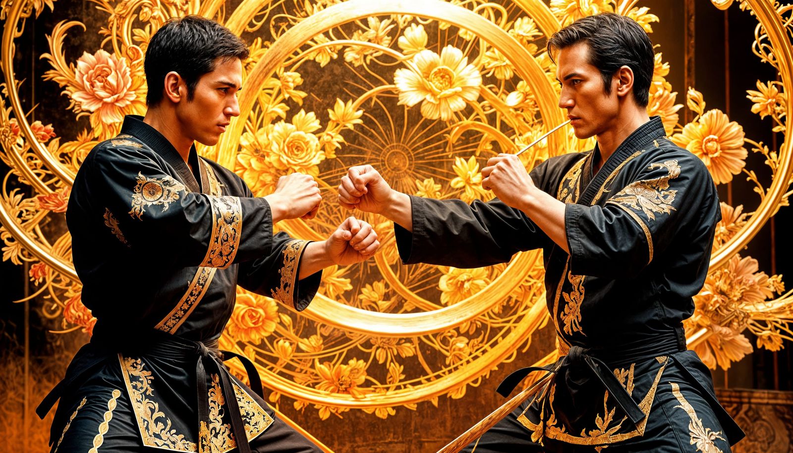 Dramatic Karate Fight Scene in Maximalist Style