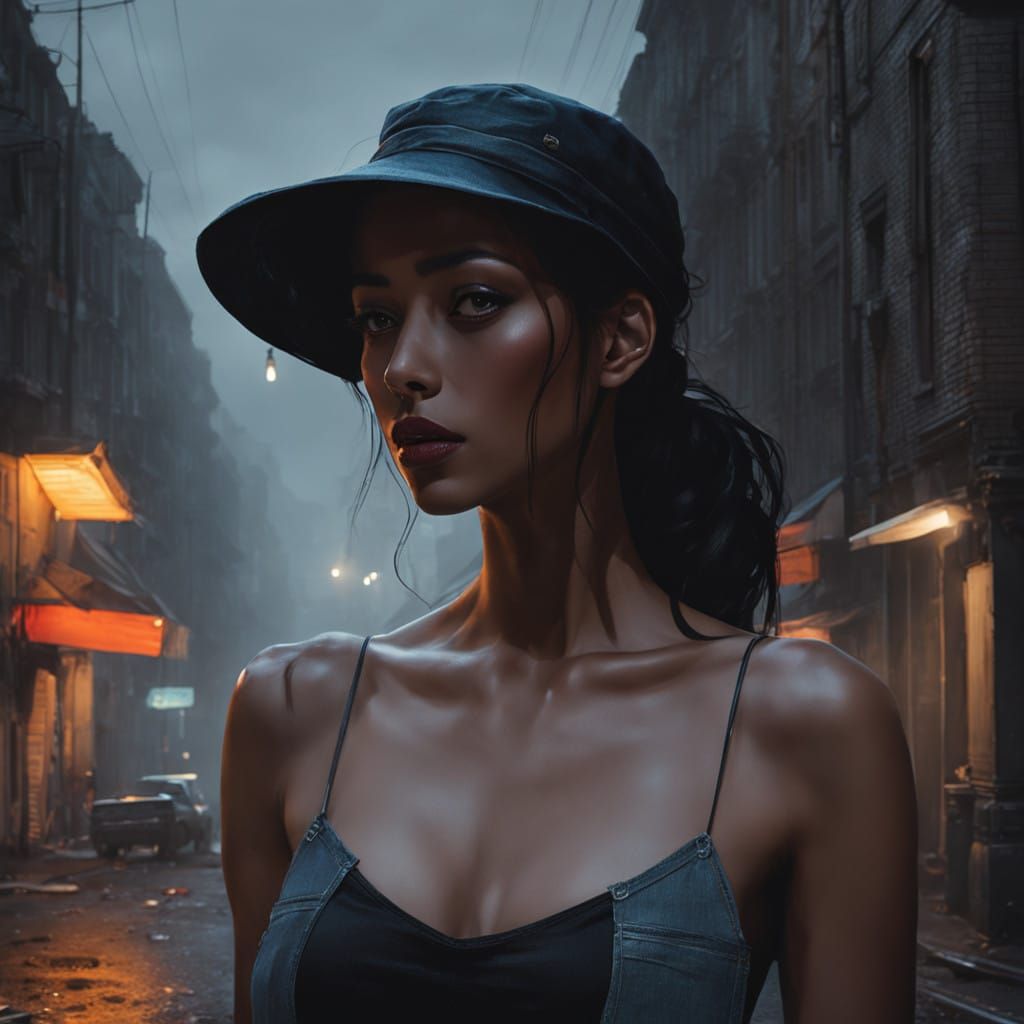Gritty Young Woman Under Rainy Street Light