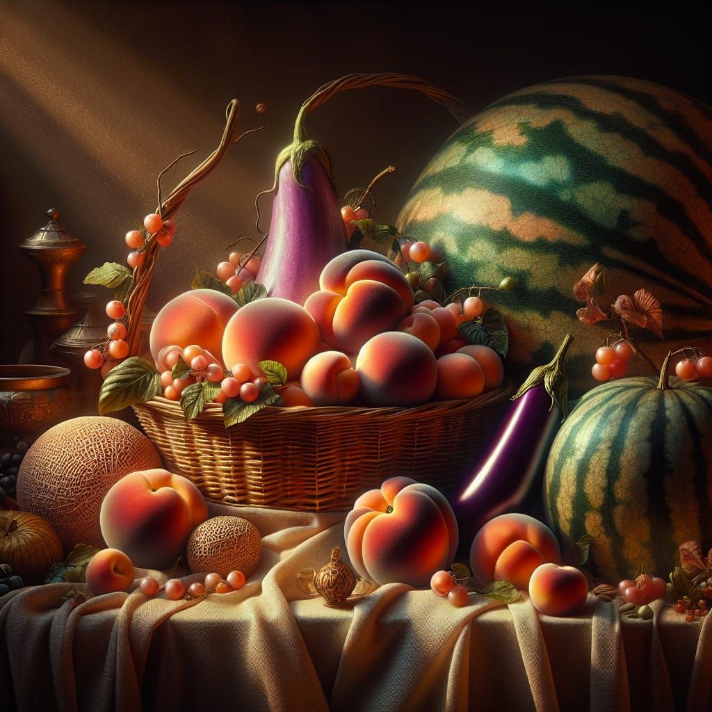 Basket of Washed Peaches and Watermelons