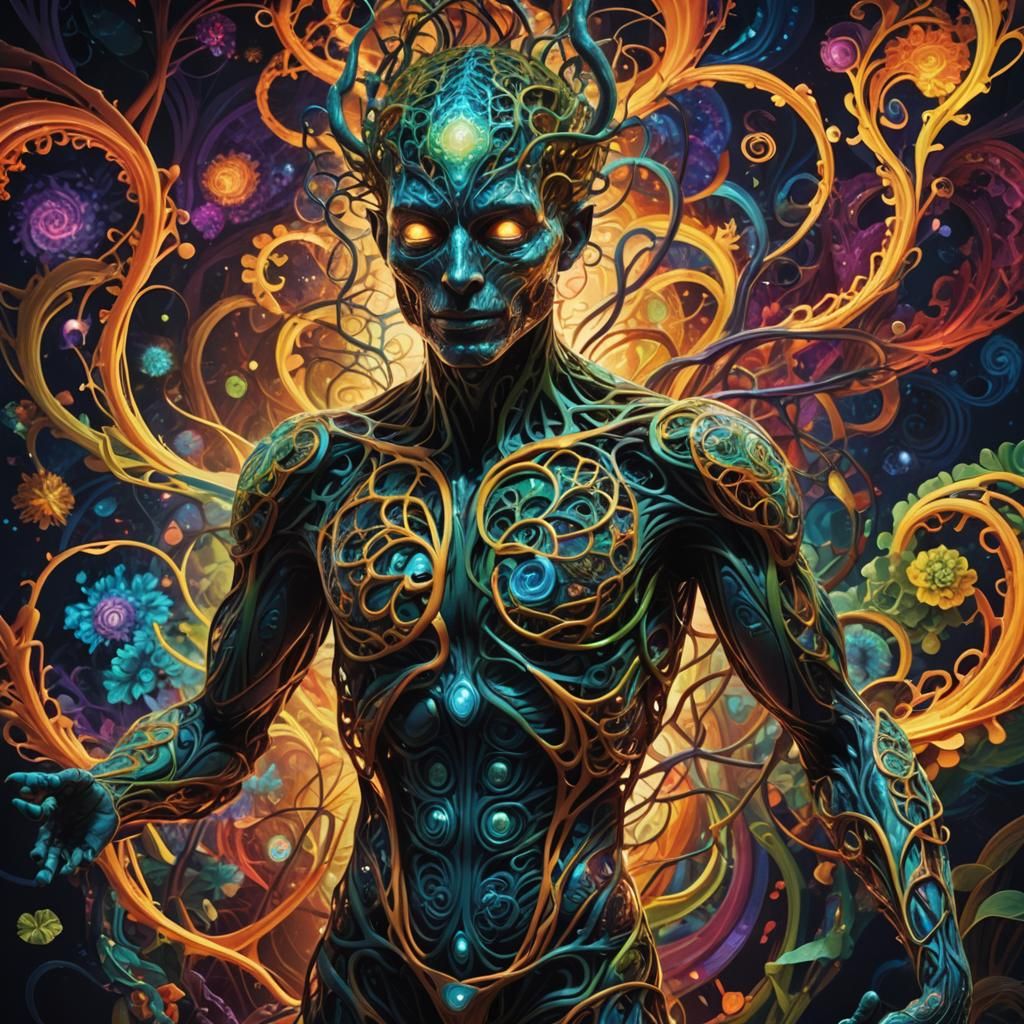 Hyperrealistic DMT Art: Entwined Figure in Vibrant Light