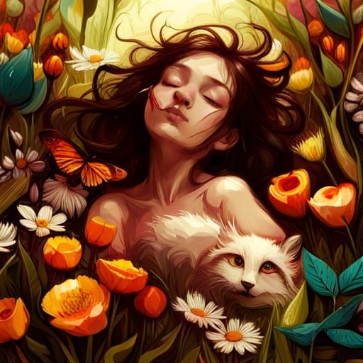 Adorable Animal Resting in Flowers, Hyperrealistic Style