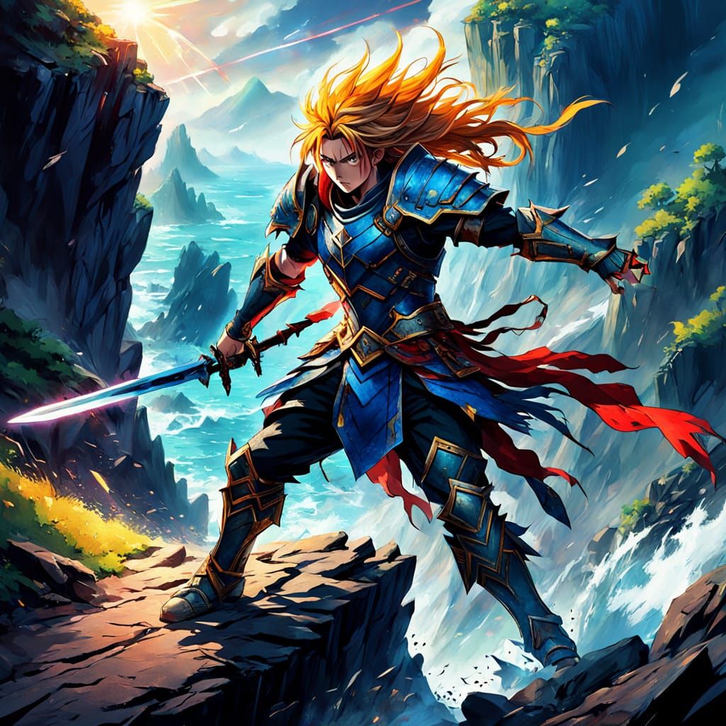 Epic Anime Warrior Battles on Cliff Edge