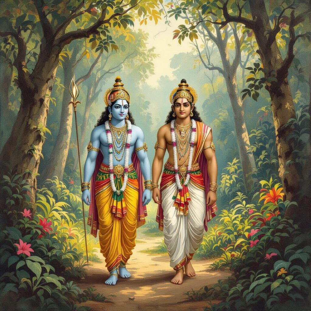 Lord Ram and Hanuman in Forest, Classical Indian Art
