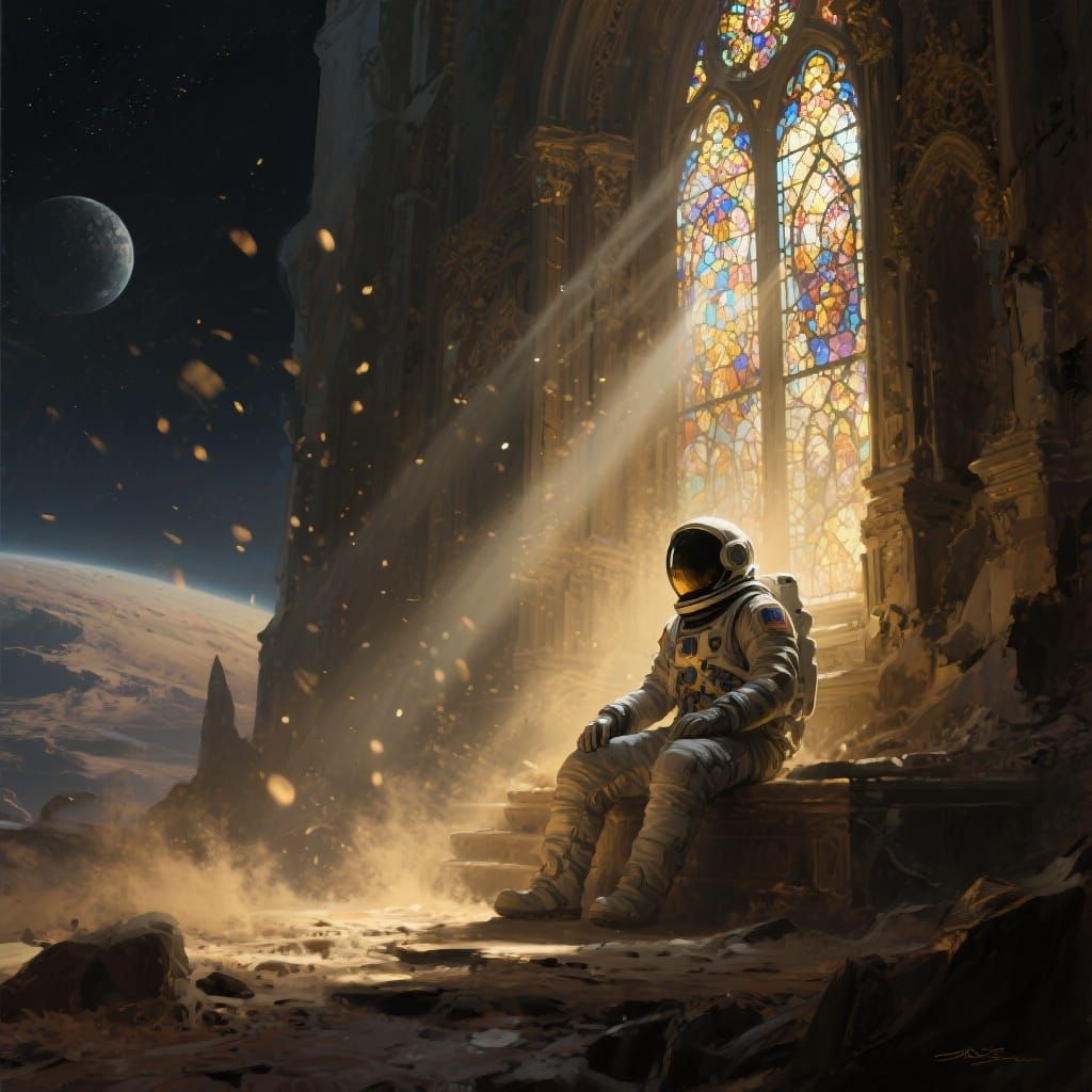Astronaut in Ruined Cathedral Oil Painting