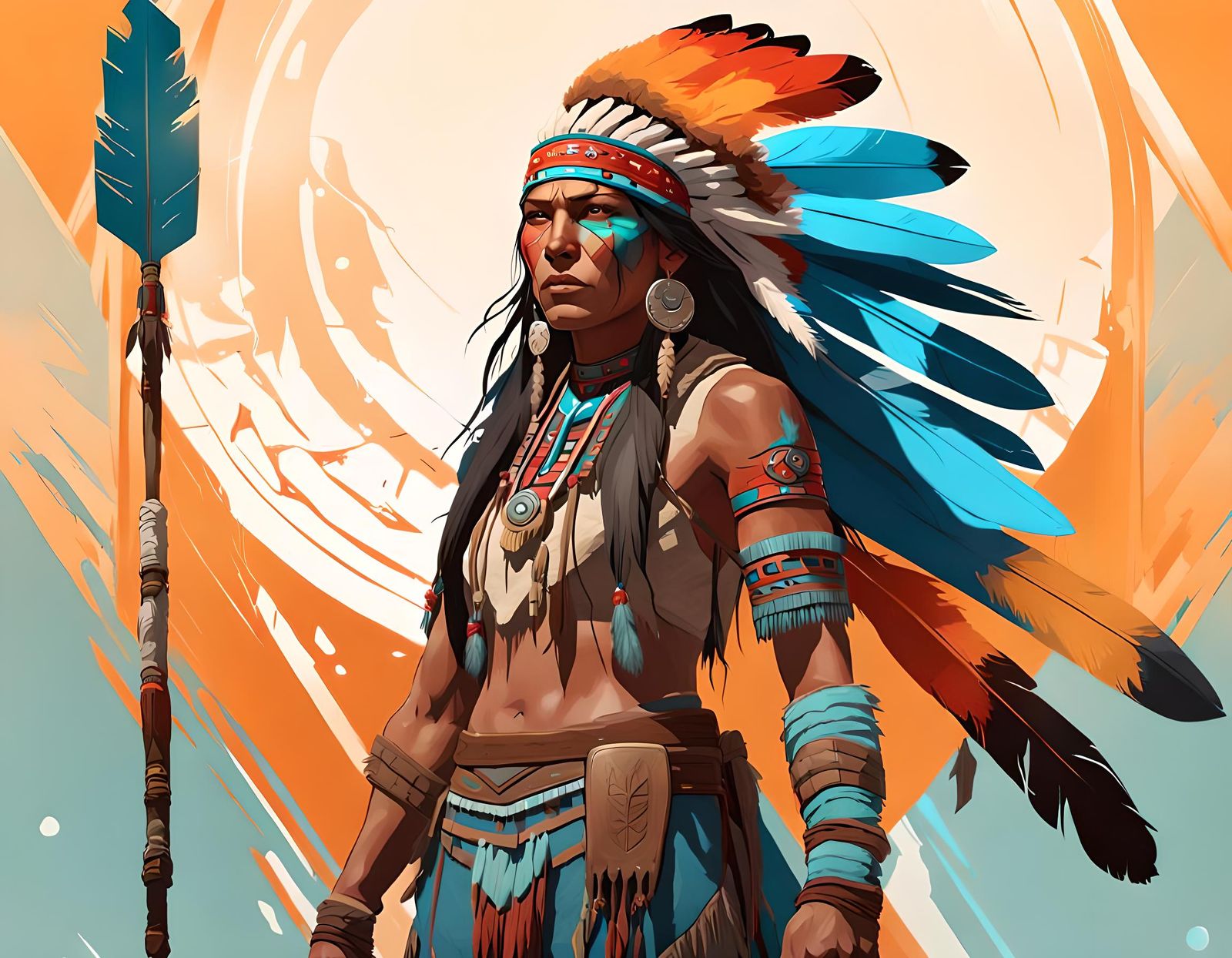 Dynamic Native American Warrior Art, Detailed Lighting