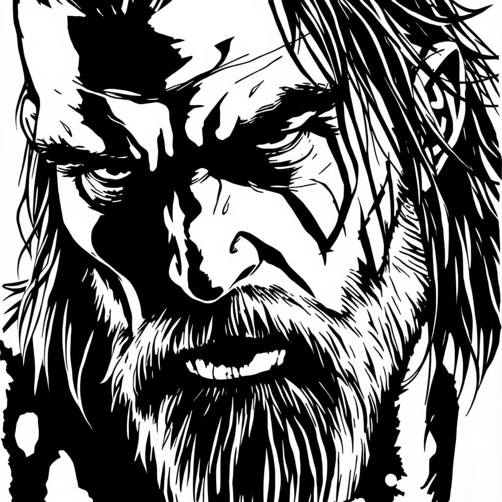 Barbarian Portrait in Black and White Line Art