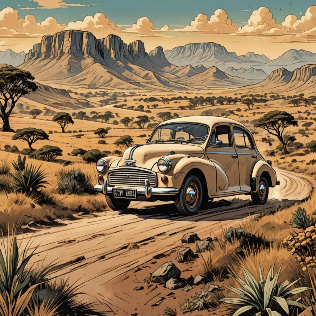 Morris Minor in South African Savannah: Comic Book Art