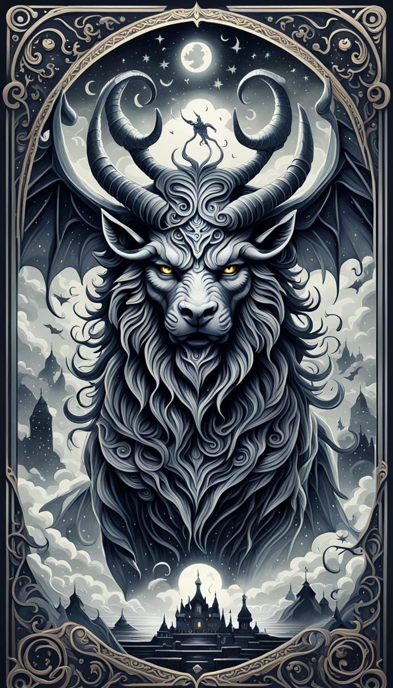 Dark Fantasy Tarot Card with Demon in Victorian Mystical Sty...