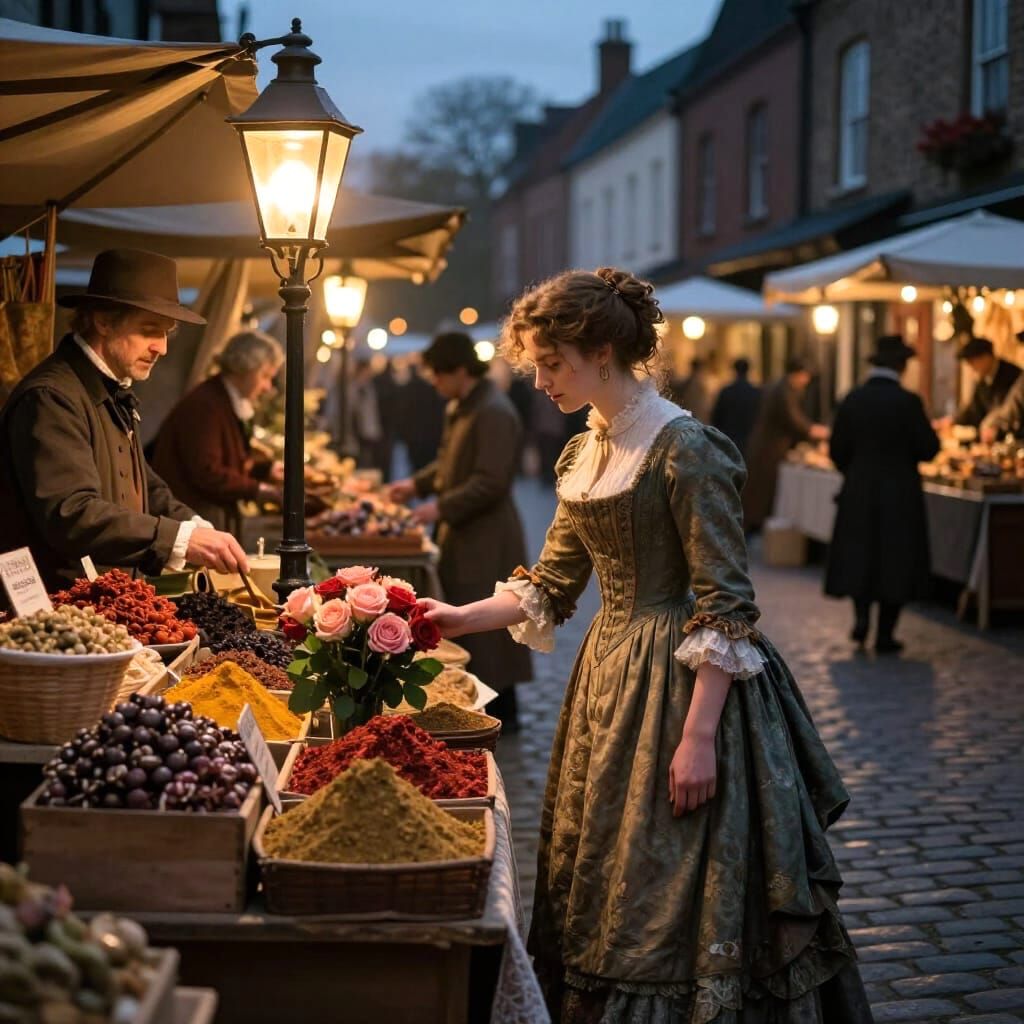 Victorian Street Market Scene at Dusk