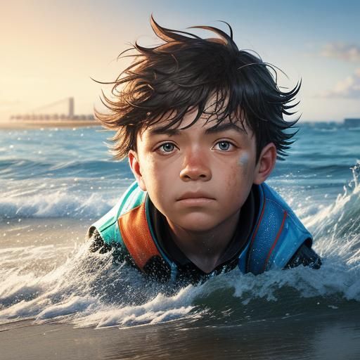 European Boy and Dog on Beach in Splash Art