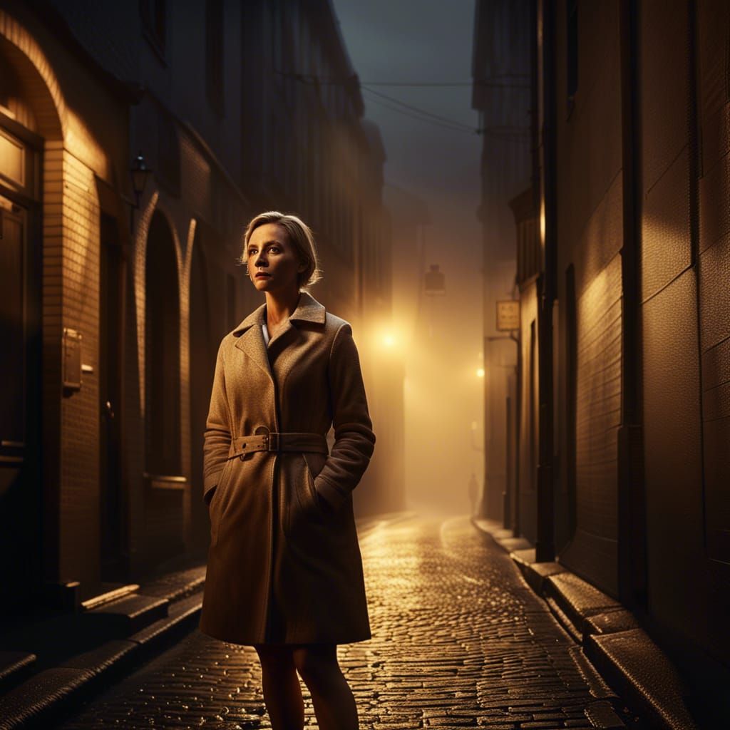 Woman in Foggy Alleyway: Hyperrealistic 1967 Photograph