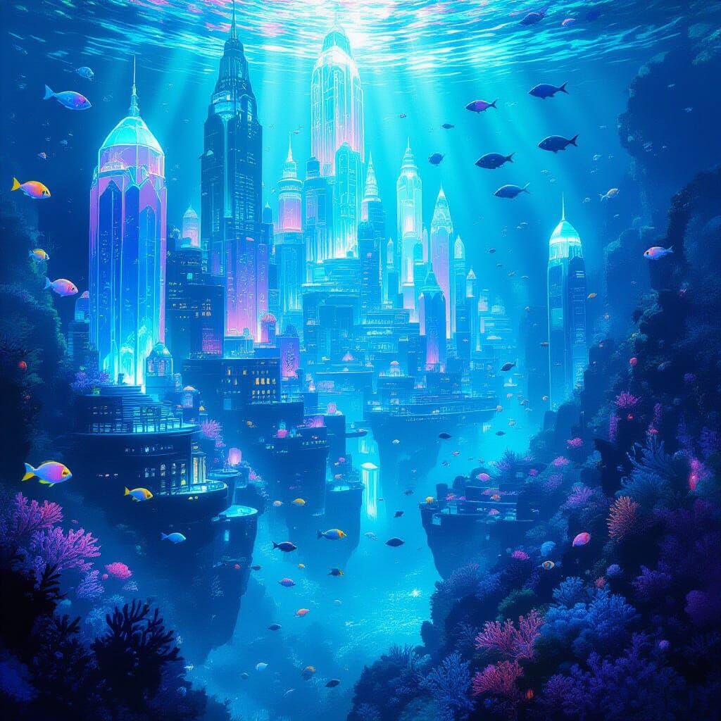 Mystical Underwater Metropolis with Glowing Coral