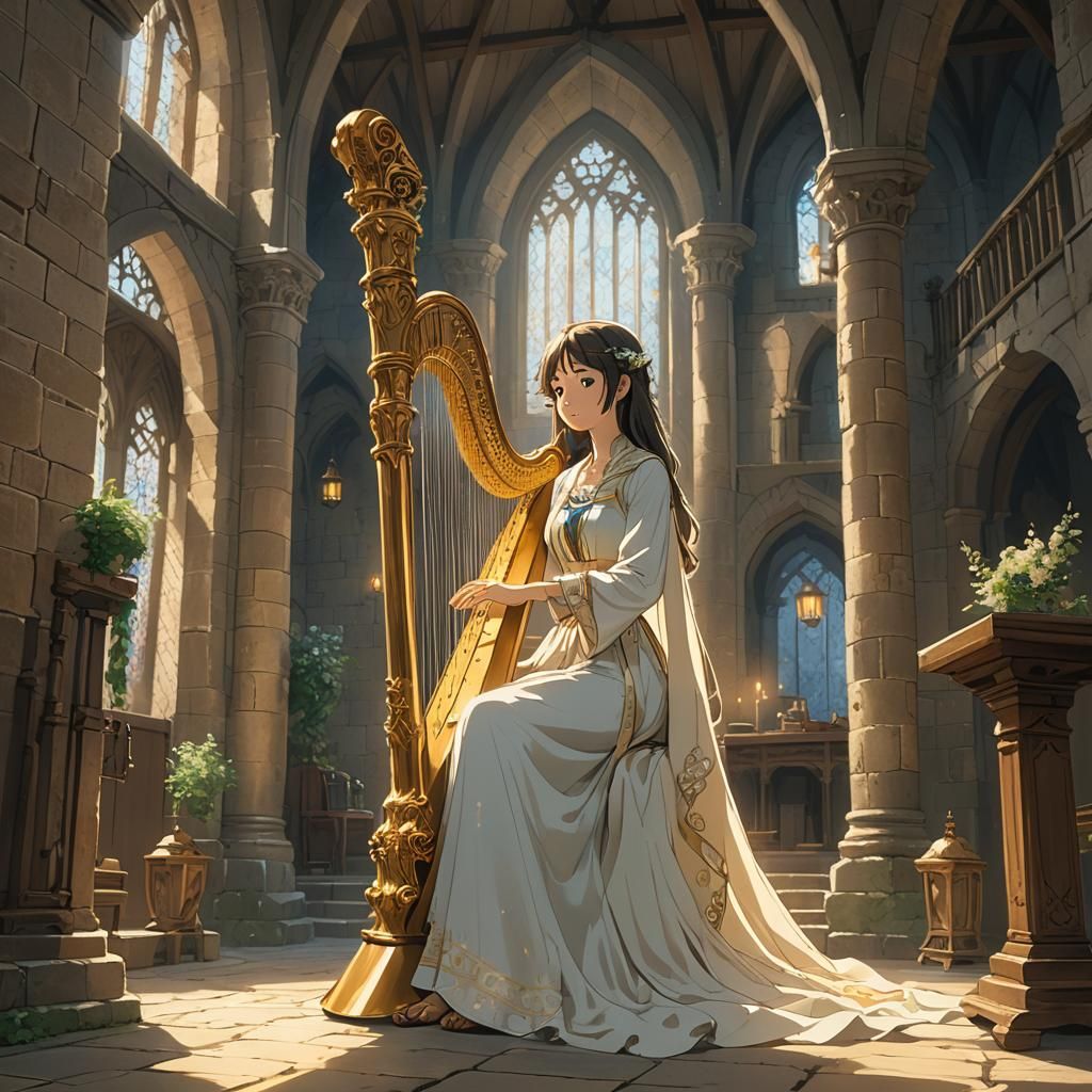 Ethereal Maiden Plays Harp in Castle: Ghibli Style